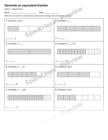 Generate an equivalent fraction — Guided Practice — Grade 3 worksheet preview