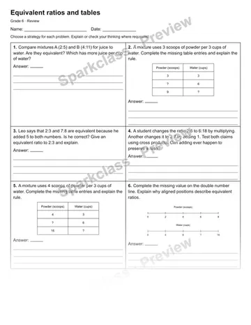 Equivalent ratios and tables — Review — Grade 6 worksheet preview