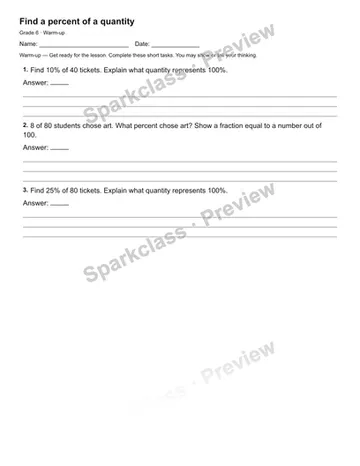 Find a percent of a quantity — Warm-up — Grade 6 worksheet preview