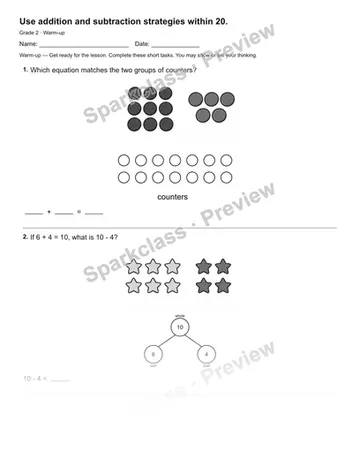 Use addition and subtraction strategies within 20. — Warm-up — Grade 2 worksheet preview