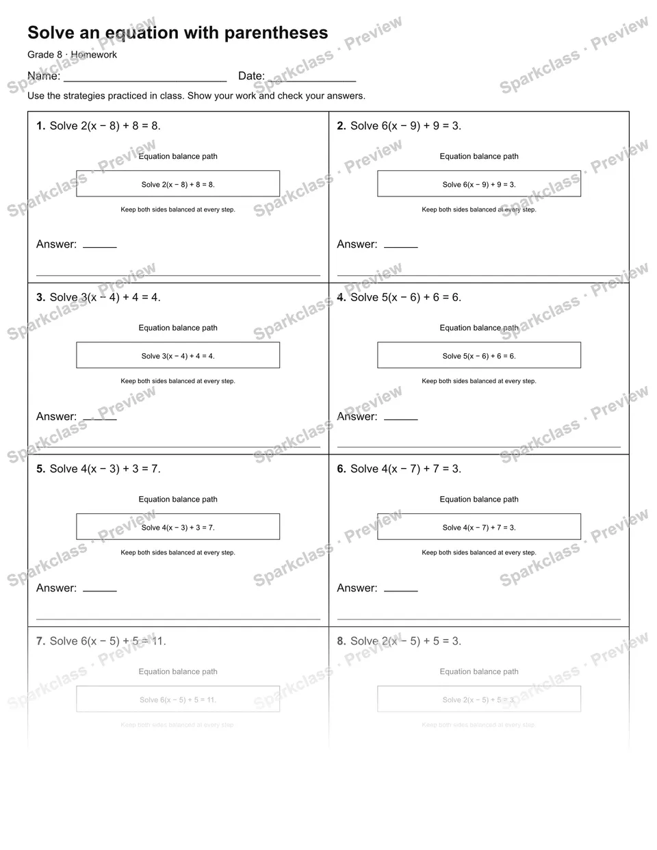 Solve an equation with parentheses — Homework — page 1