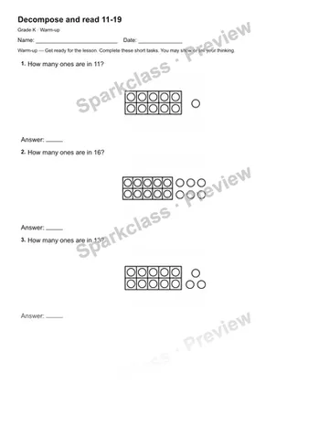 Decompose and read 11-19 — Warm-up — Kindergarten worksheet preview
