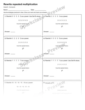 Rewrite repeated multiplication — Homework — Grade 8 worksheet preview