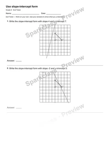 Use slope-intercept form — Exit Ticket — Grade 8 worksheet preview