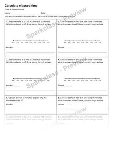 Calculate elapsed time — Guided Practice — Grade 4 worksheet preview
