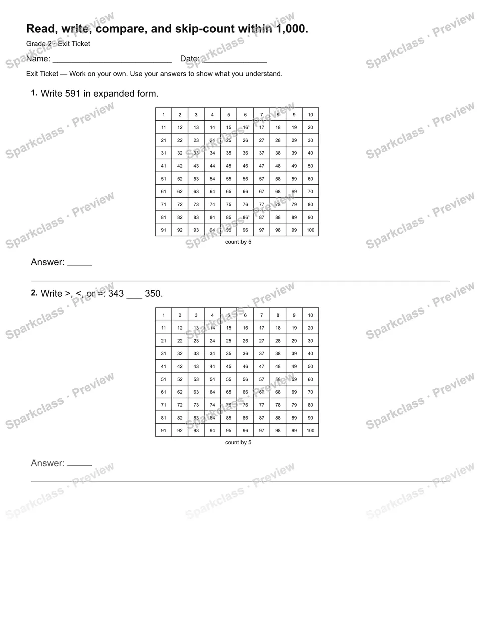 Read, write, compare, and skip-count within 1,000. — Exit Ticket — page 1