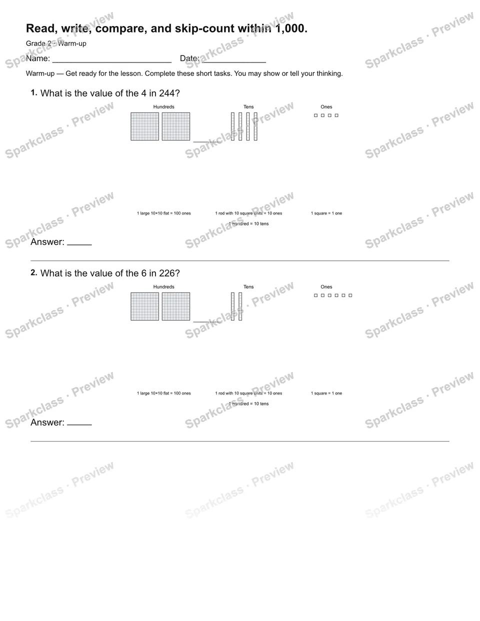 Read, write, compare, and skip-count within 1,000. — Warm-up — page 1