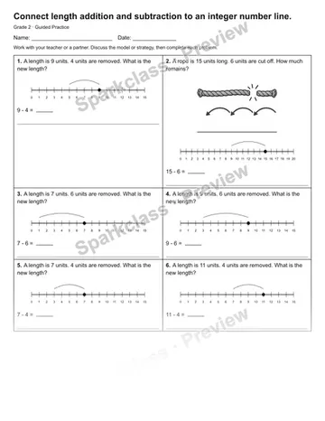 Connect length addition and subtraction to an integer number line. — Guided Practice — Grade 2 worksheet preview
