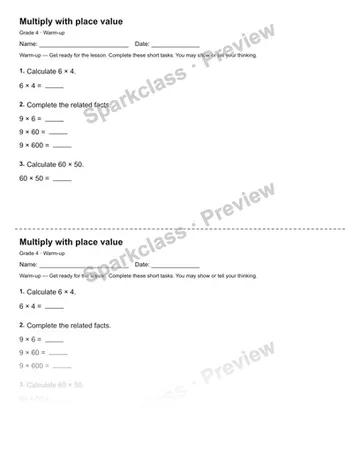 Multiply with place value — Warm-up — Grade 4 worksheet preview