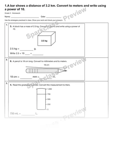 1.A bar shows a distance of 3.2 km. Convert to meters and write using a power of 10. — Homework — Grade 5 worksheet preview