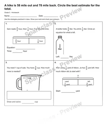 A hike is 58 mile out and 78 mile back. Circle the best estimate for the total. — Homework — Grade 5 worksheet preview