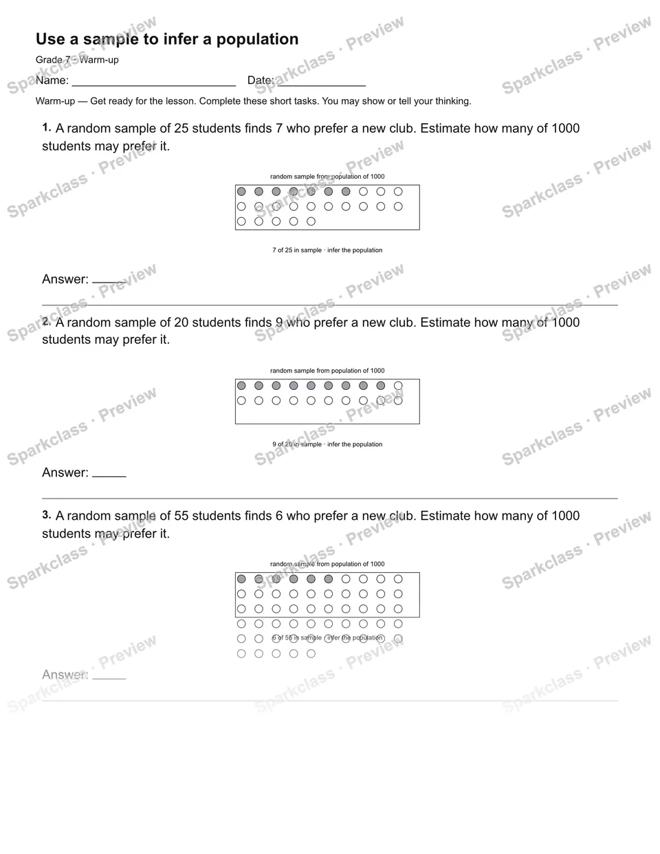 Use a sample to infer a population — Warm-up — page 1