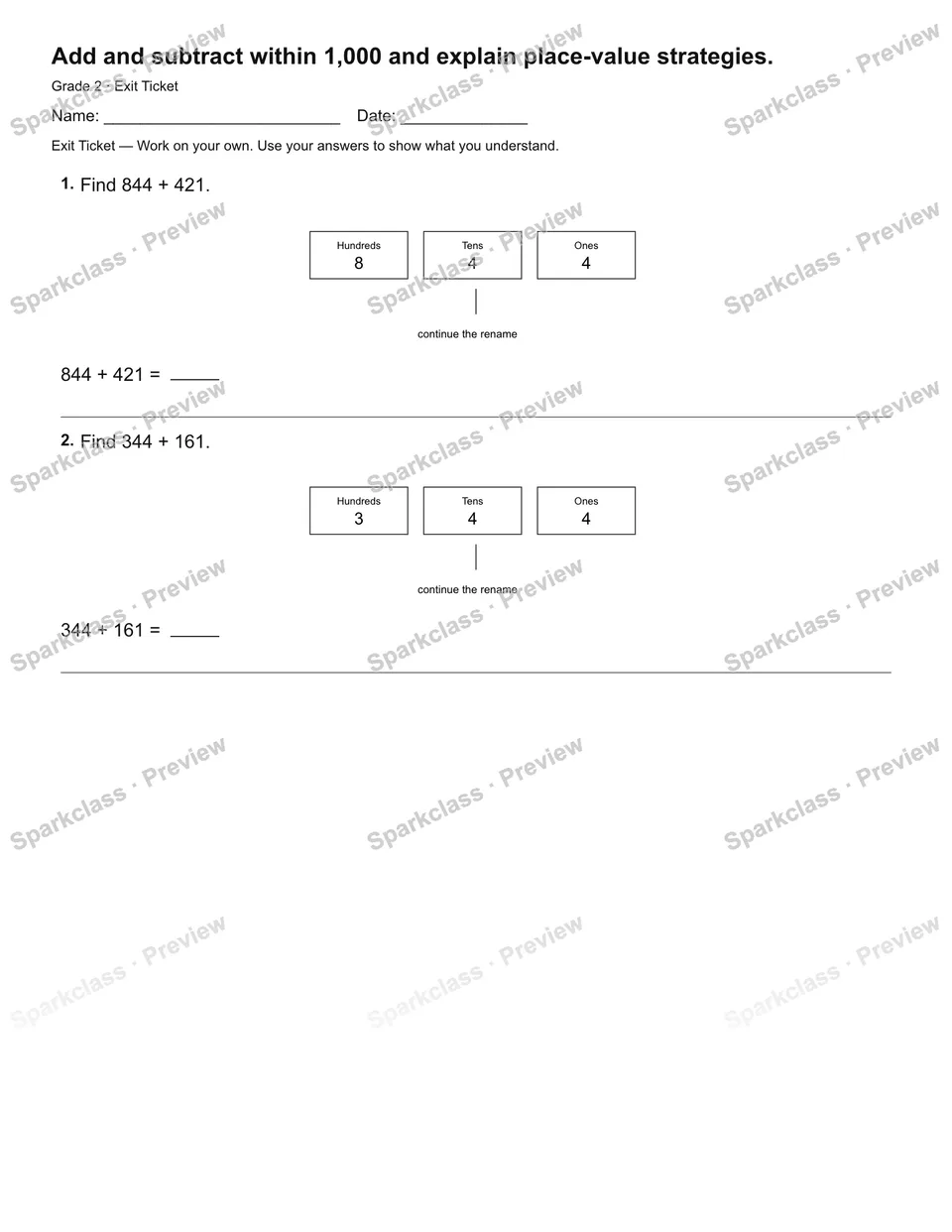 Add and subtract within 1,000 and explain place-value strategies. — Exit Ticket — page 1