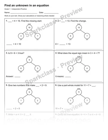 Find an unknown in an equation — Independent Practice — Grade 1 worksheet preview