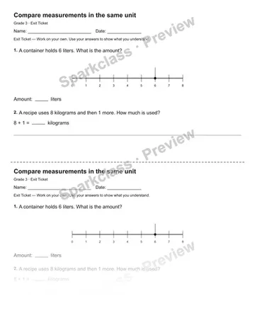 Compare measurements in the same unit — Exit Ticket — Grade 3 worksheet preview