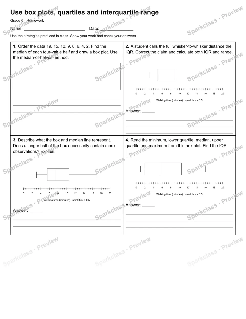 Use box plots, quartiles and interquartile range — Homework — page 1