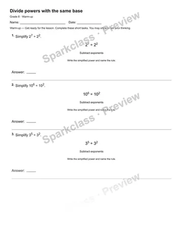 Divide powers with the same base — Warm-up — Grade 8 worksheet preview