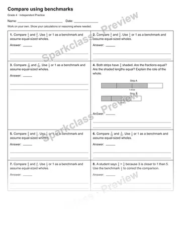 Compare using benchmarks — Independent Practice — Grade 4 worksheet preview