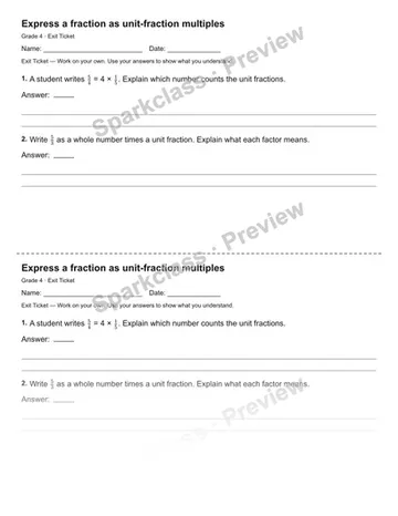 Express a fraction as unit-fraction multiples — Exit Ticket — Grade 4 worksheet preview