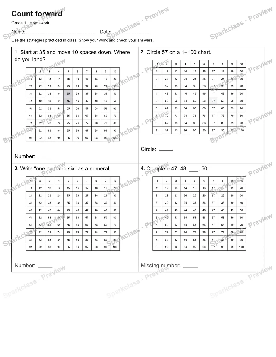 Count forward — Homework — page 1