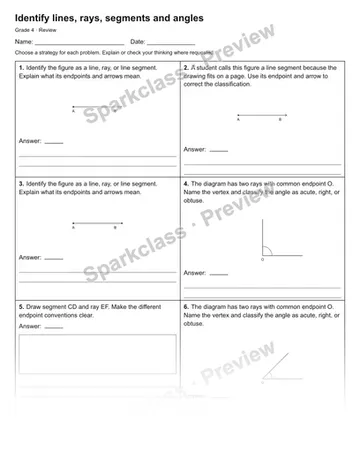 Identify lines, rays, segments and angles — Review — Grade 4 worksheet preview