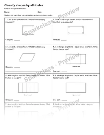 Classify shapes by attributes — Independent Practice — Grade 3 worksheet preview