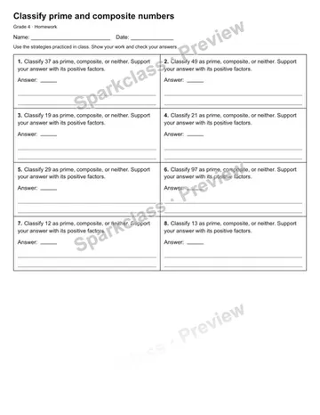 Classify prime and composite numbers — Homework — Grade 4 worksheet preview