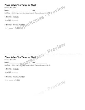 Place Value: Ten Times as Much — Exit Ticket — Grade 4 worksheet preview