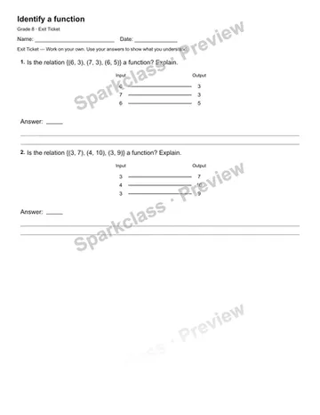 Identify a function — Exit Ticket — Grade 8 worksheet preview