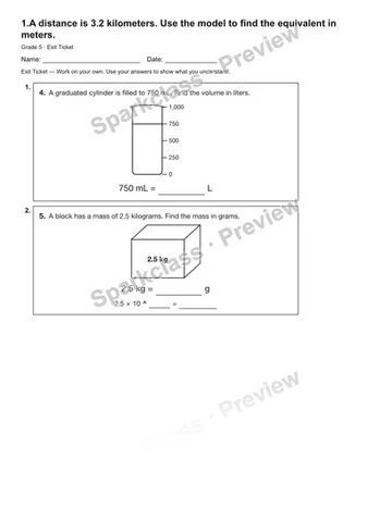 1.A distance is 3.2 kilometers. Use the model to find the equivalent in meters. — Exit Ticket — Grade 5 worksheet preview