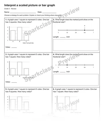 Interpret a scaled picture or bar graph — Review — Grade 3 worksheet preview