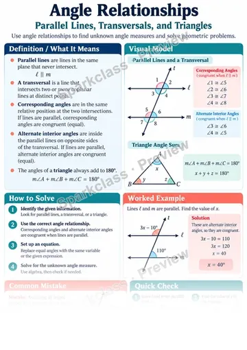 Knowledge Guide · Angle relationships in triangles and parallel lines — Grade 8 worksheet preview