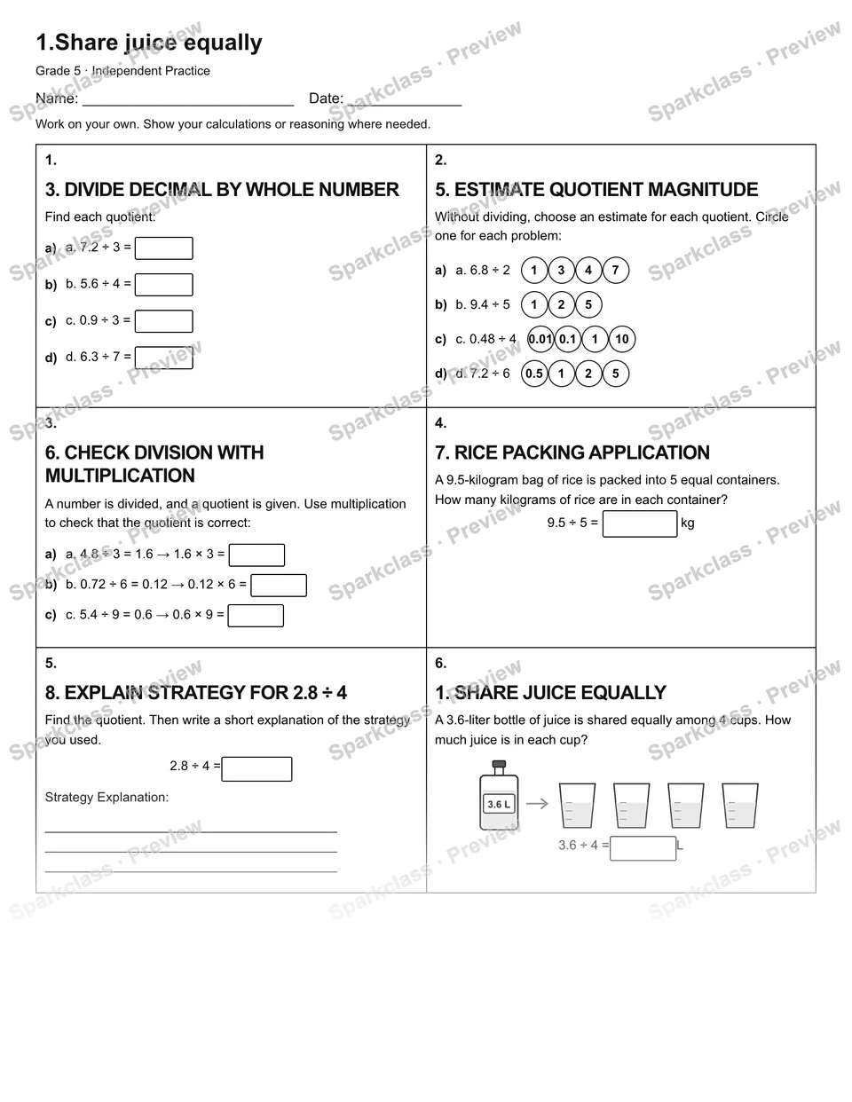 1.Share juice equally — Independent Practice — page 1