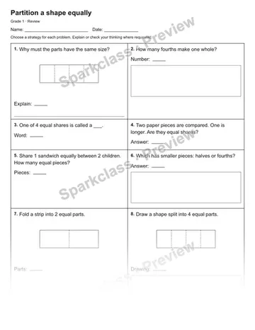 Partition a shape equally — Review — Grade 1 worksheet preview