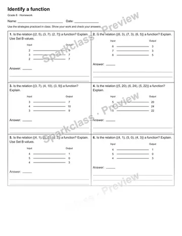 Identify a function — Homework — Grade 8 worksheet preview