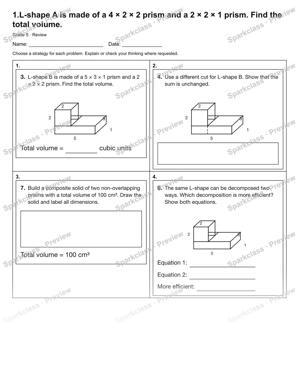 1.L-shape A is made of a 4 × 2 × 2 prism and a 2 × 2 × 1 prism. Find the total volume. — Review — page 1