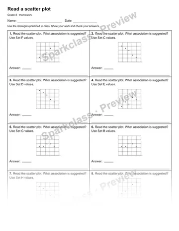 Read a scatter plot — Homework — Grade 8 worksheet preview