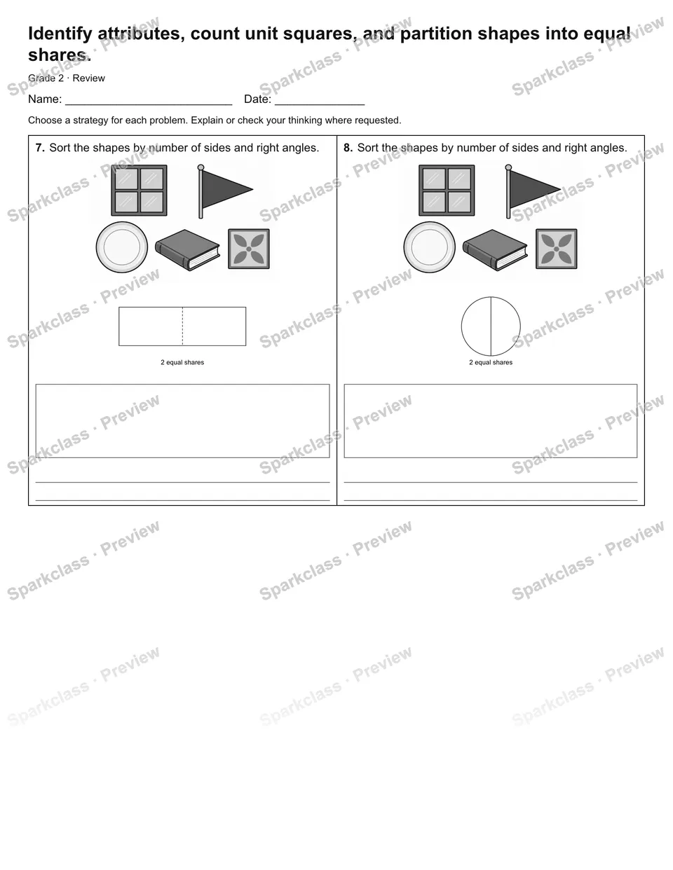 Identify attributes, count unit squares, and partition shapes into equal shares. — Review — page 3