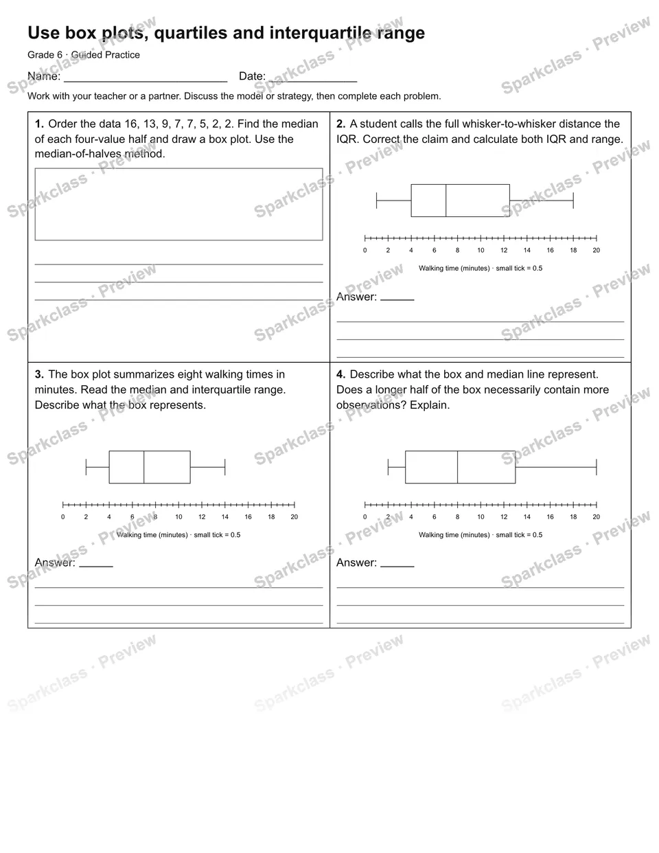 Use box plots, quartiles and interquartile range — Guided Practice — page 1