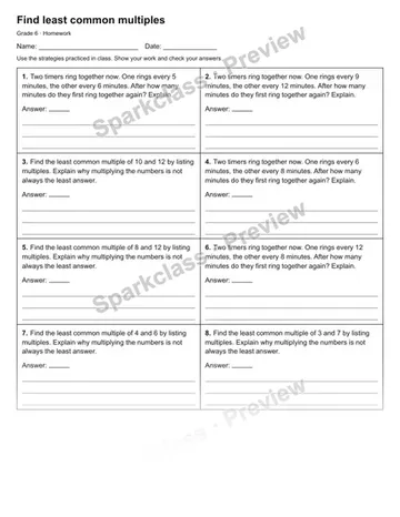 Find least common multiples — Homework — Grade 6 worksheet preview