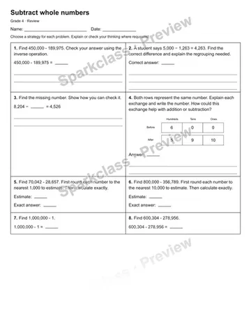 Subtract whole numbers — Review — Grade 4 worksheet preview