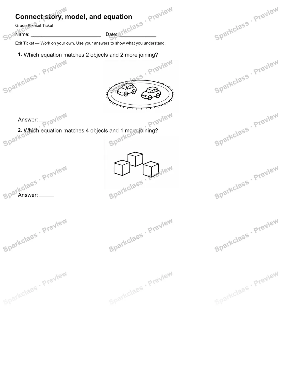 Connect story, model, and equation — Exit Ticket — page 2