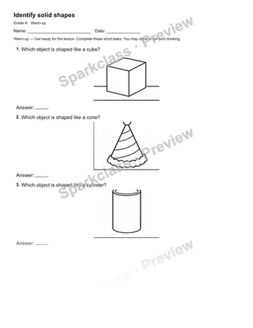 Identify solid shapes — Warm-up — Kindergarten worksheet preview