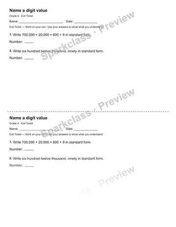 Name a digit value — Exit Ticket — Grade 4 worksheet preview
