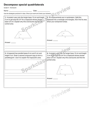 Decompose special quadrilaterals — Homework — Grade 6 worksheet preview