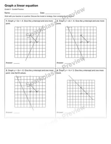Graph a linear equation — Guided Practice — Grade 8 worksheet preview