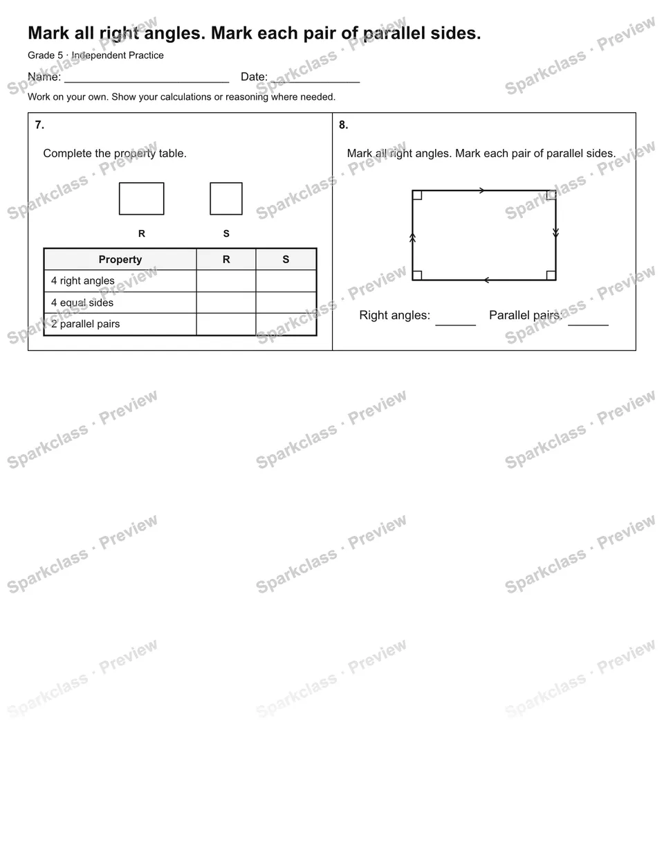 Mark all right angles. Mark each pair of parallel sides. — Independent Practice — page 2