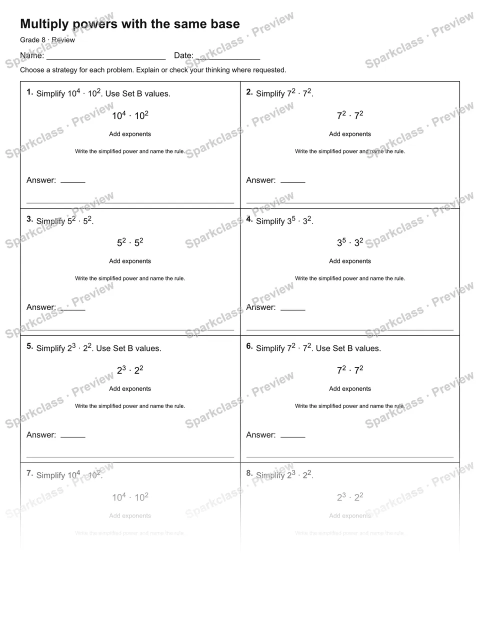 Multiply powers with the same base — Review — page 1