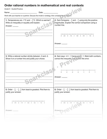 Order rational numbers in mathematical and real contexts — Guided Practice — Grade 6 worksheet preview