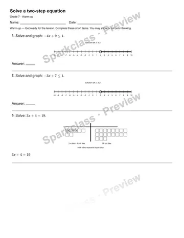 Solve a two-step equation — Warm-up — Grade 7 worksheet preview